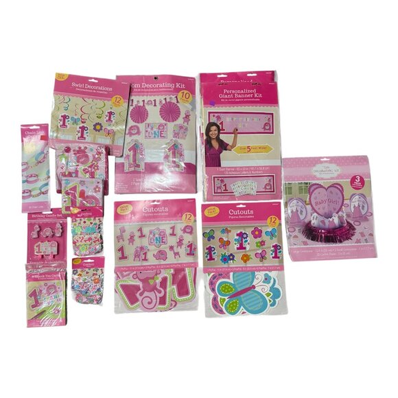 NEW - Zoo animals Baby's 1st Birthday Decorations Girls Pink 14 pieces in kit